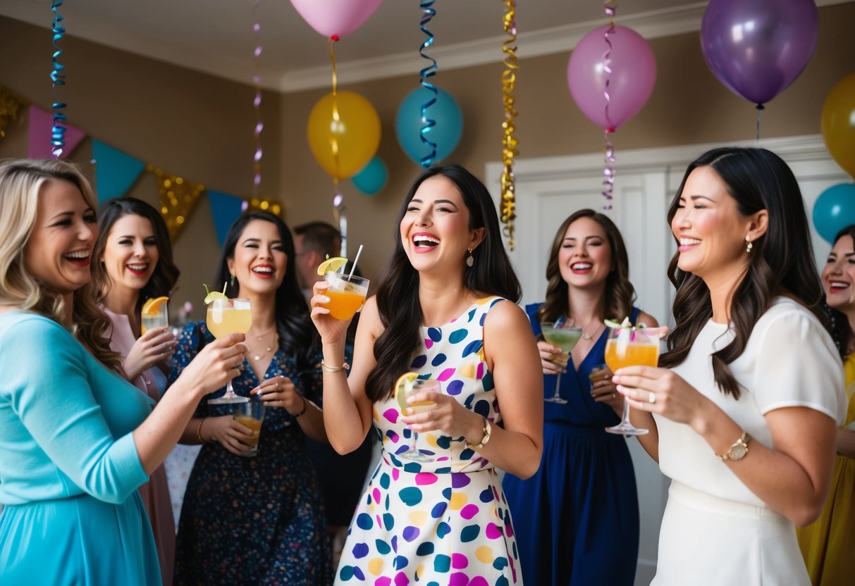 A group of women laughing and dancing around a decorated room with colorful balloons and streamers, while sipping on drinks and enjoying each other's company