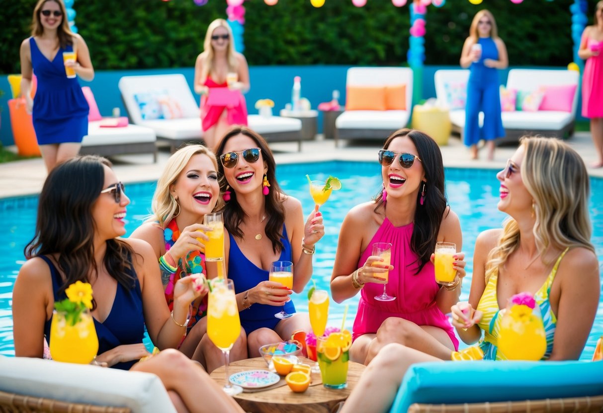 A group of women enjoy a poolside party with drinks, music, and laughter, surrounded by colorful decorations and lounging furniture