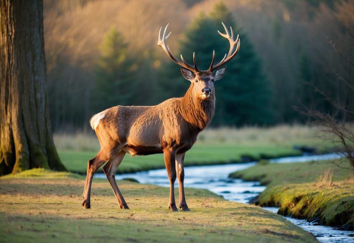 A majestic stag stands proudly in a clearing, surrounded by a lush forest. A small stream trickles nearby, and the sun casts a warm glow on the scene