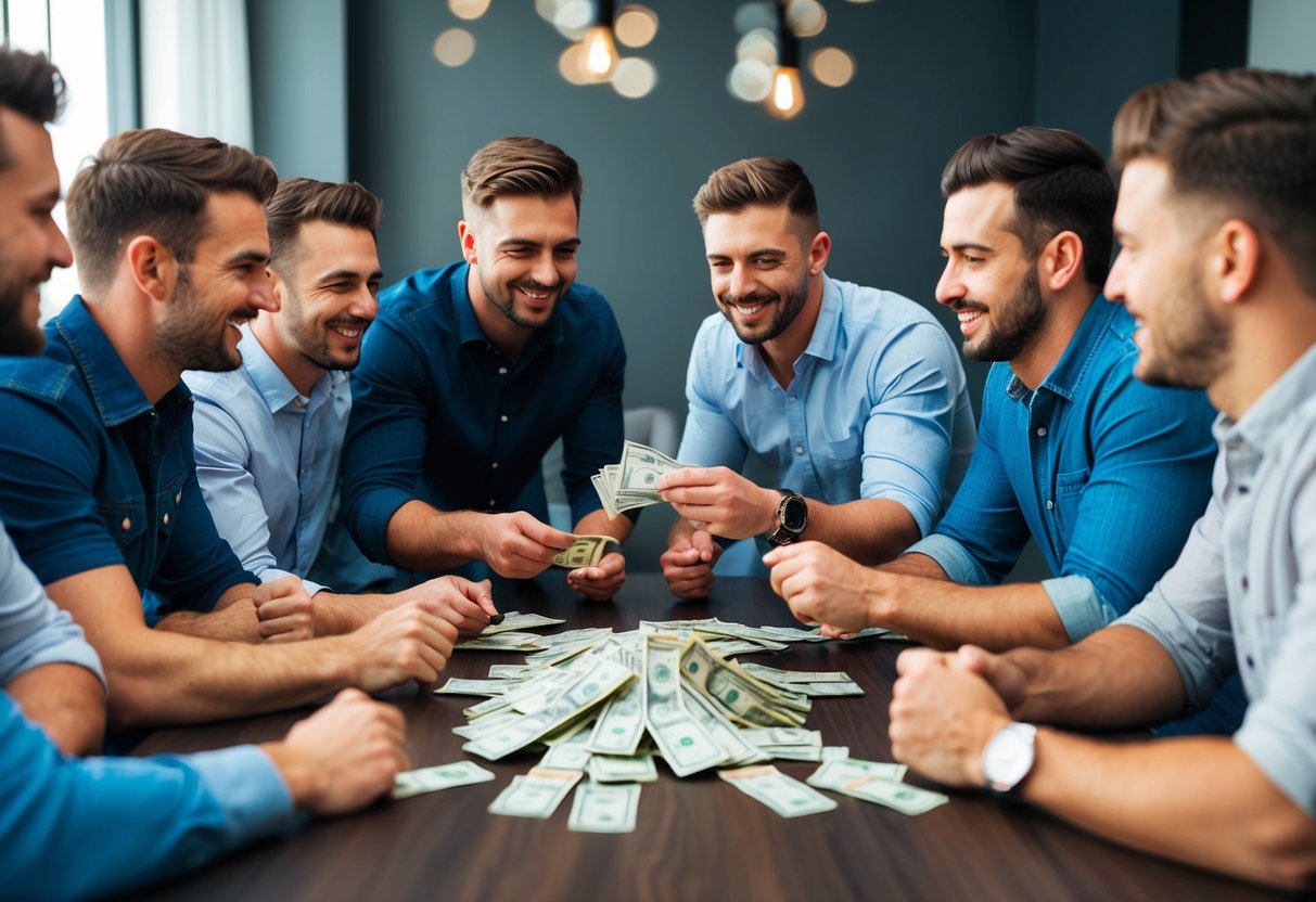 A group of men gathered around a table, exchanging money and discussing stag do plans. A sense of camaraderie and excitement fills the air