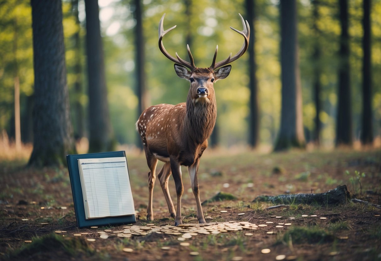 A stag stands in a forest clearing, surrounded by scattered coins and a ledger, appearing perplexed