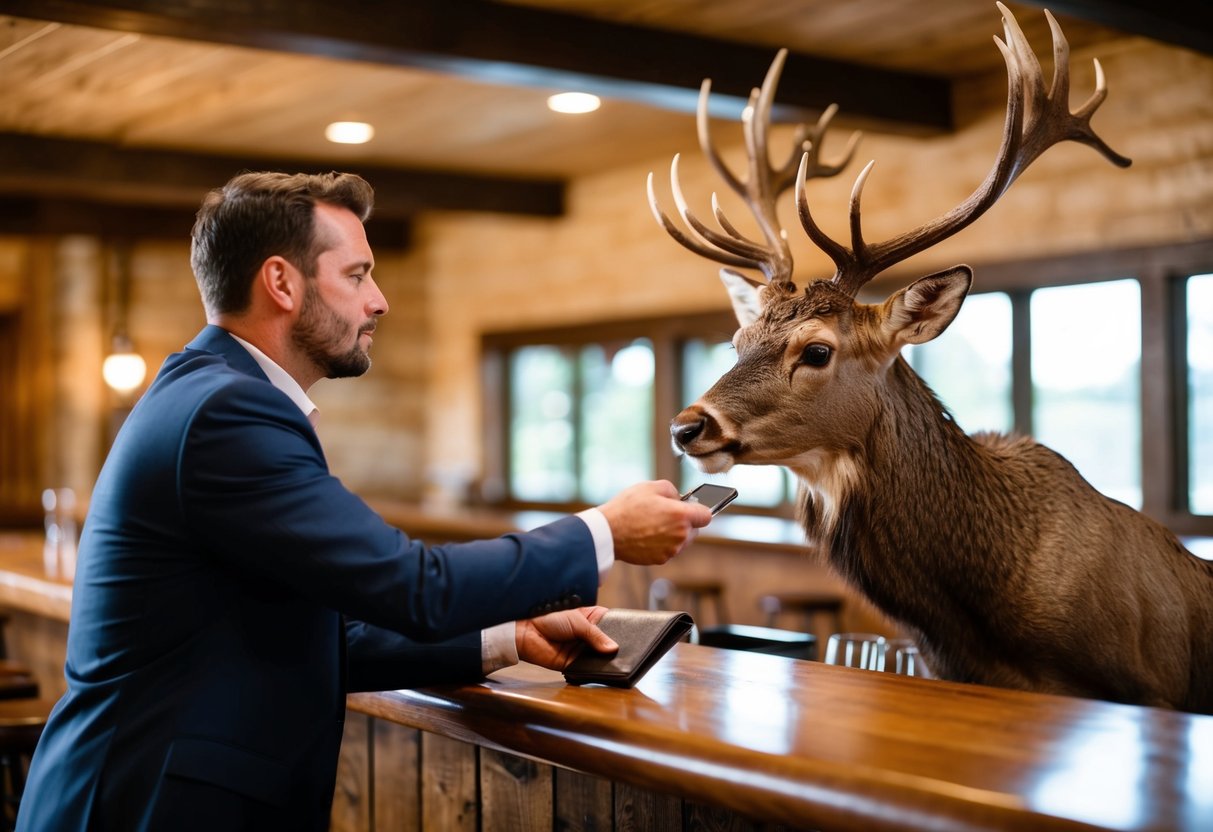 A stag at a rustic lodge bar, reaching for a wallet