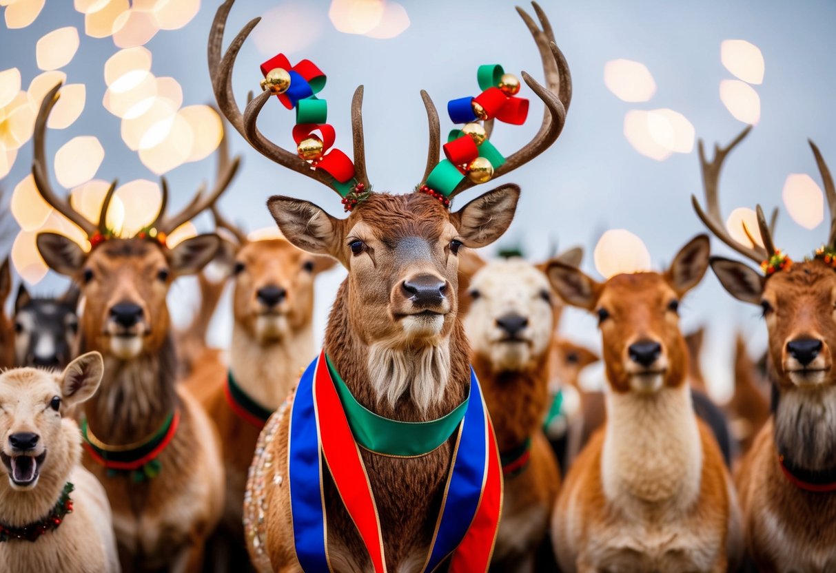 A festive stag adorned with colorful ribbons and surrounded by cheering animals