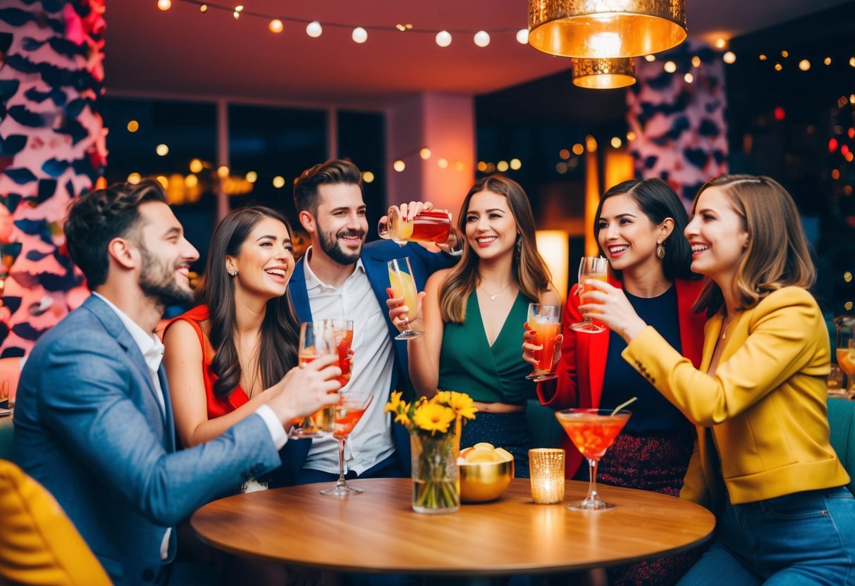 A group of friends celebrating with drinks and music in a lively, decorated space