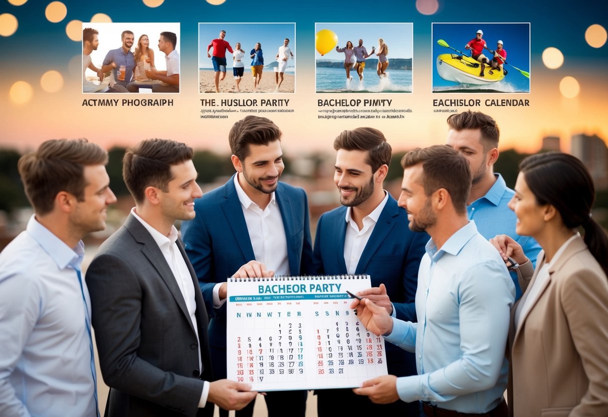 A group of friends gathered around a calendar, discussing dates for a bachelor party. A variety of activities and locations are depicted in the background