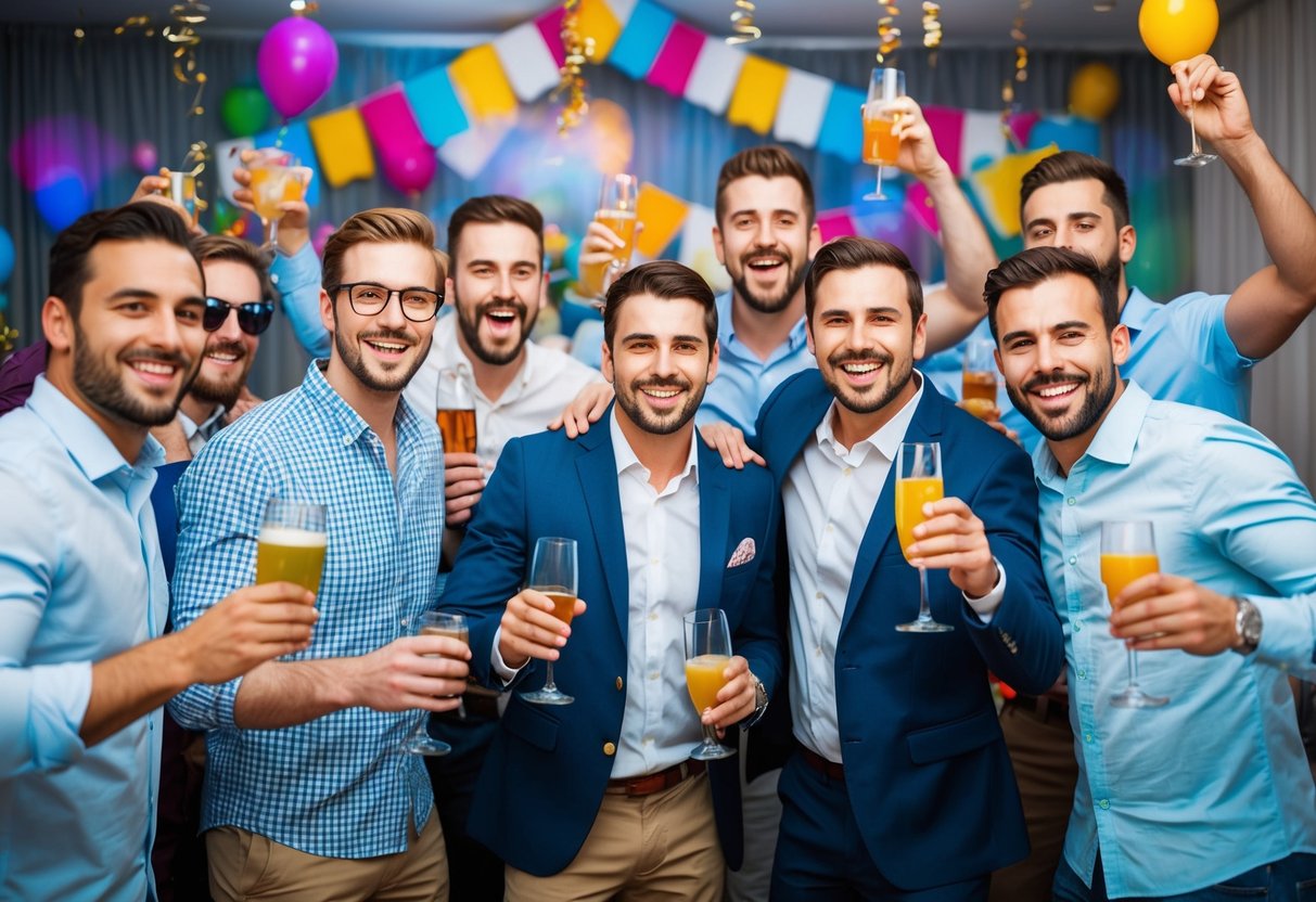 A group of men celebrating at a lively bachelor party, with drinks, music, and fun decorations