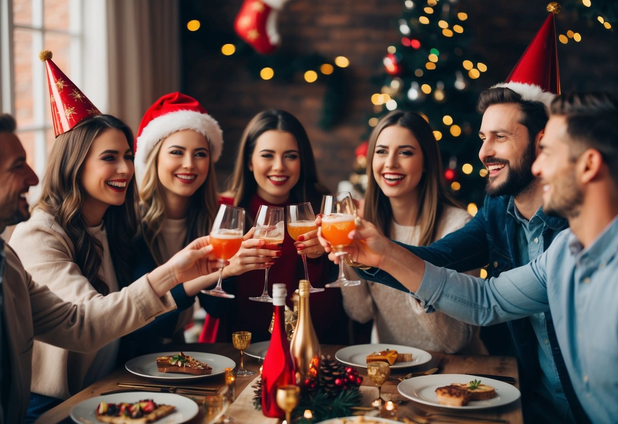 A group of friends celebrating with drinks and decorations in a festive setting