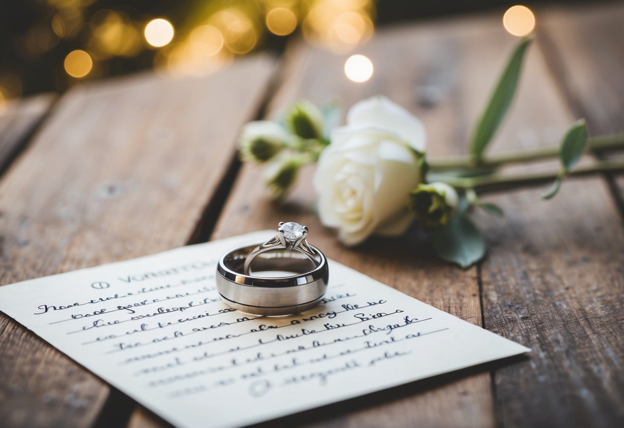 A wedding ring resting on top of a handwritten vow on a rustic wooden table