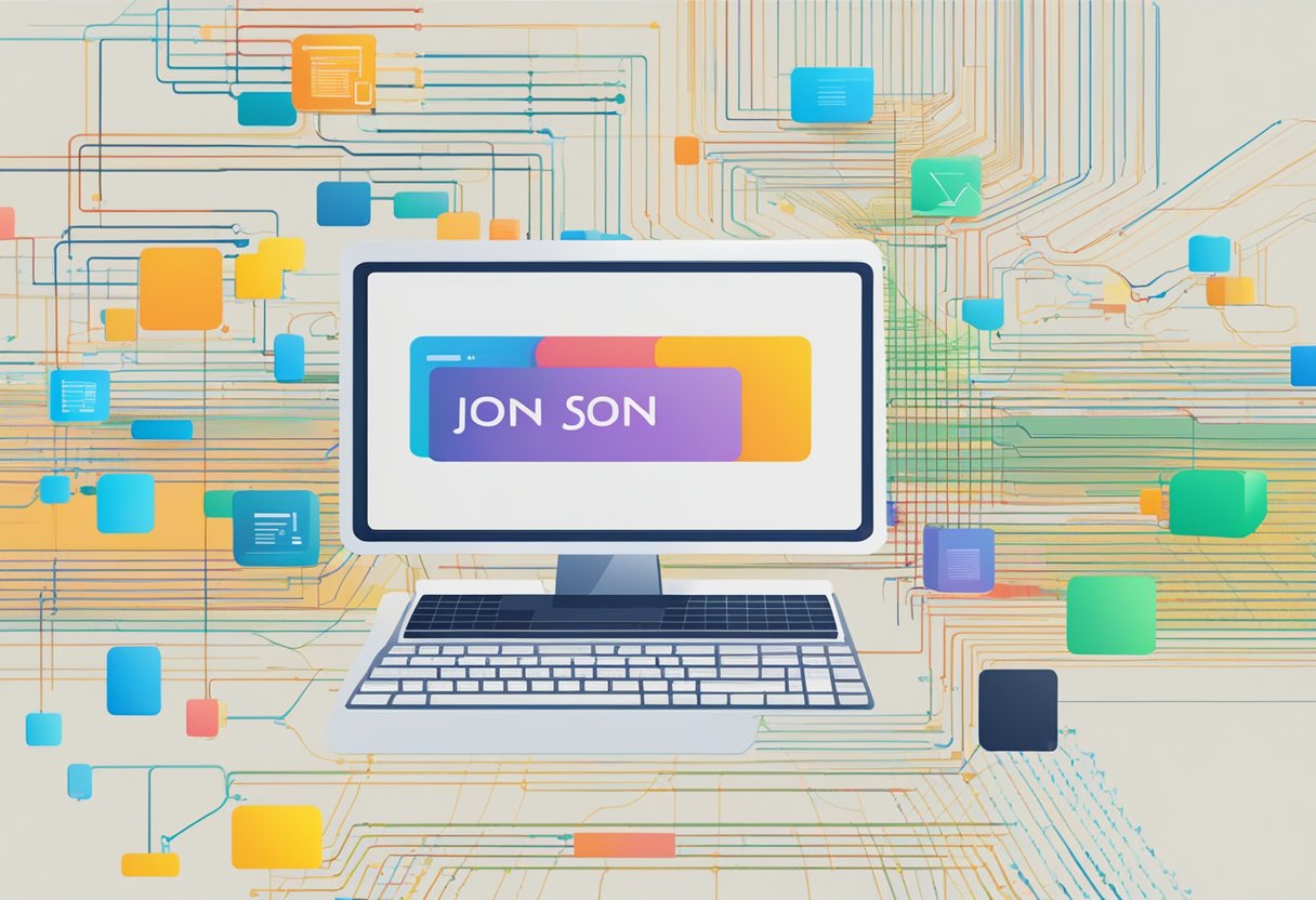 A computer screen displaying a JSON Viewer Online interface with colorful syntax highlighting and nested data structures