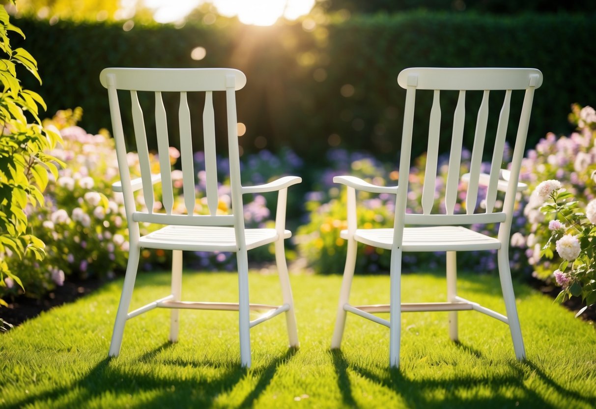 A sunlit garden with two chairs facing each other, surrounded by blooming flowers and a gentle breeze