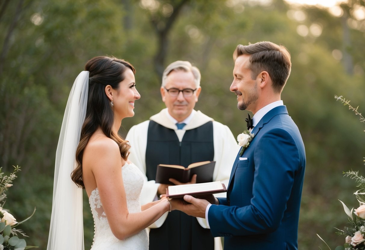 A couple stands facing each other, surrounded by nature. The officiant stands before them, holding a book or scroll, ready to speak