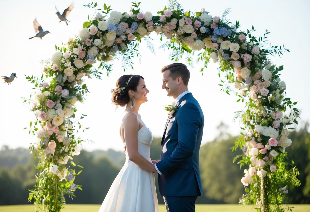 A couple standing beneath a floral arch, facing each other as they exchange vows. The setting is outdoors, with birds chirping and a gentle breeze blowing