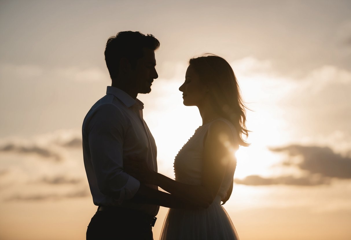 A silhouette of two figures standing close, surrounded by soft light and a sense of intimacy