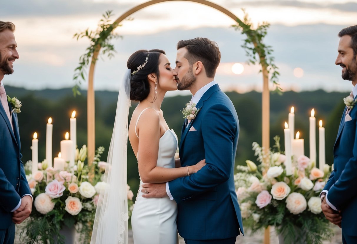 A couple stands facing each other, surrounded by flowers and candles. They lean in for a kiss after exchanging vows