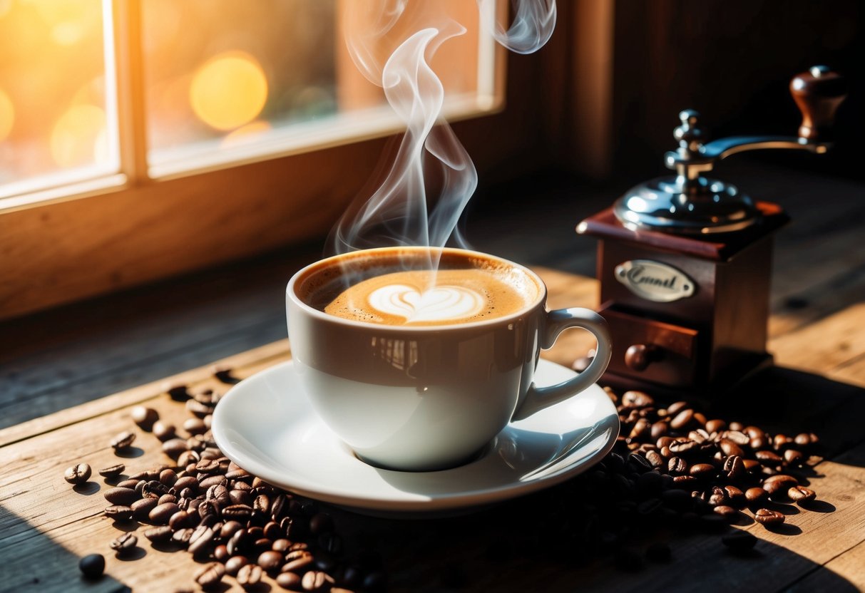 A steaming cup of coffee sits on a wooden table, surrounded by scattered coffee beans and a vintage coffee grinder. Sunlight streams through a nearby window, casting warm shadows across the scene