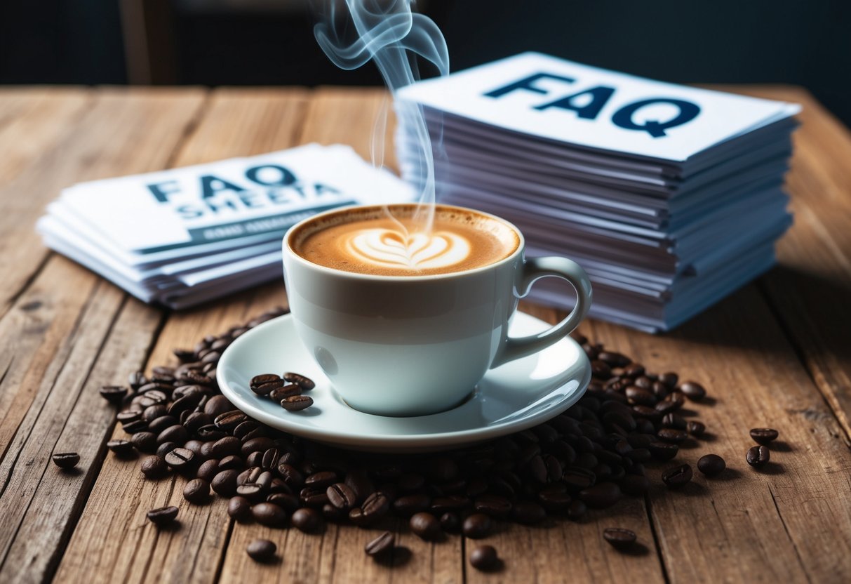 A steaming cup of coffee surrounded by scattered coffee beans and a stack of FAQ sheets on a wooden table