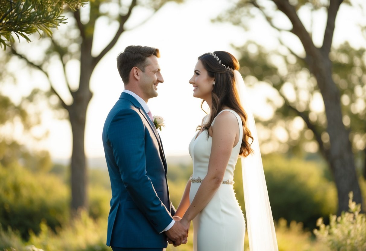 A couple stands facing each other, surrounded by nature, as they begin to speak their vows