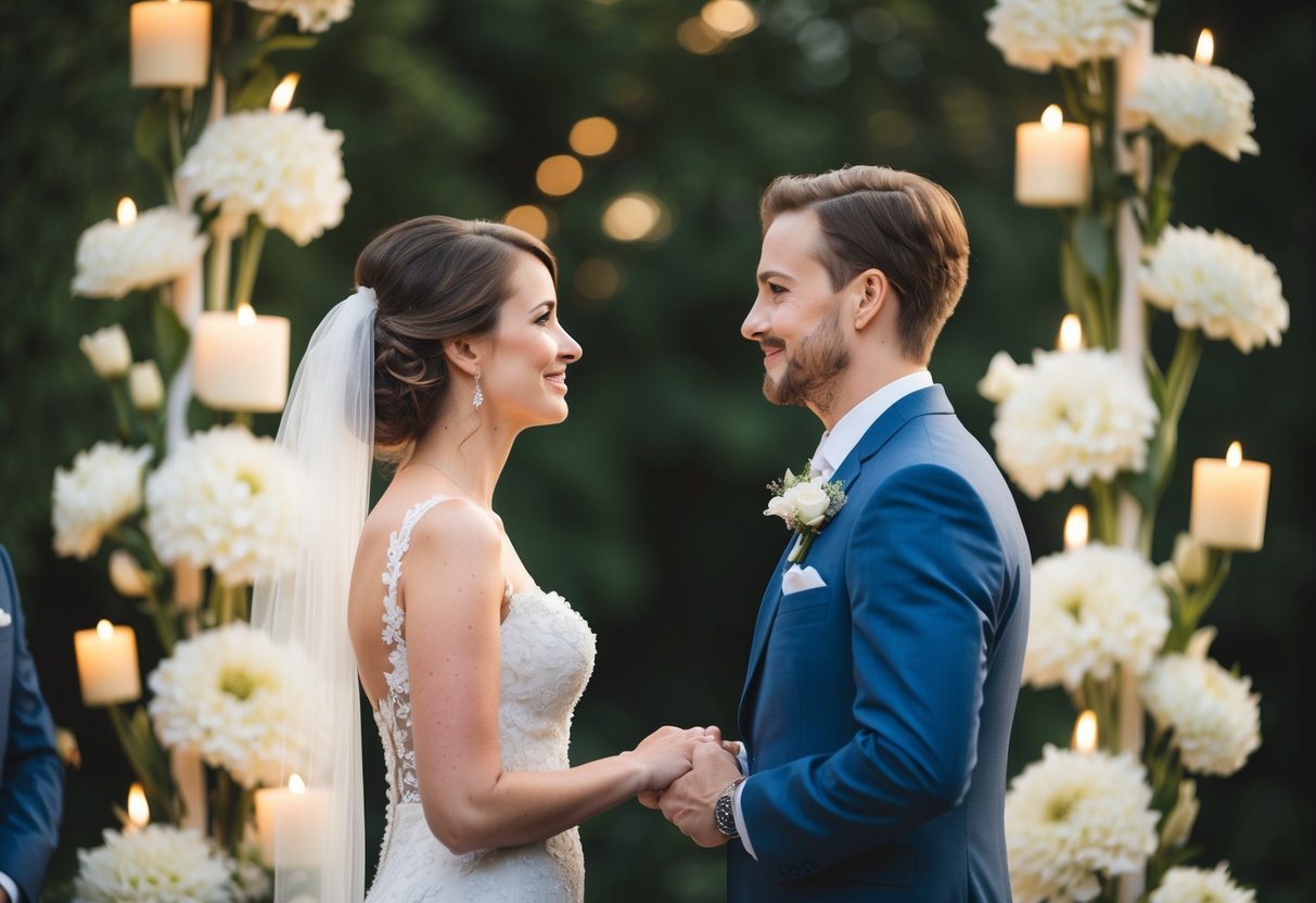 A couple standing face to face, surrounded by flowers and candles, gazing into each other's eyes as they exchange their wedding vows