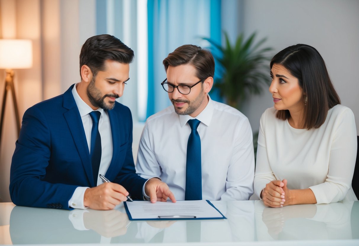 A man signing a legal document with a new spouse, while his ex-wife looks on with a concerned expression