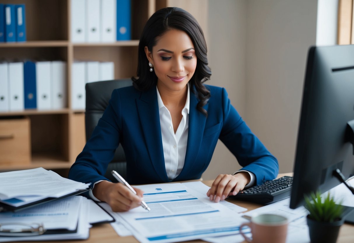 A woman at a desk, surrounded by paperwork and a computer, looking up information about Social Security benefits and remarriage
