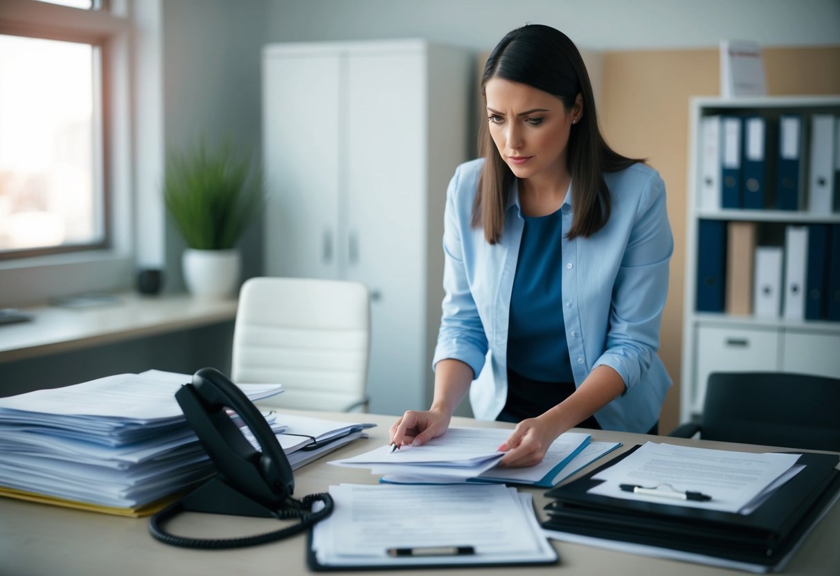 A woman stands at a desk, surrounded by paperwork and folders. A phone sits off the hook as she looks through documents with a concerned expression
