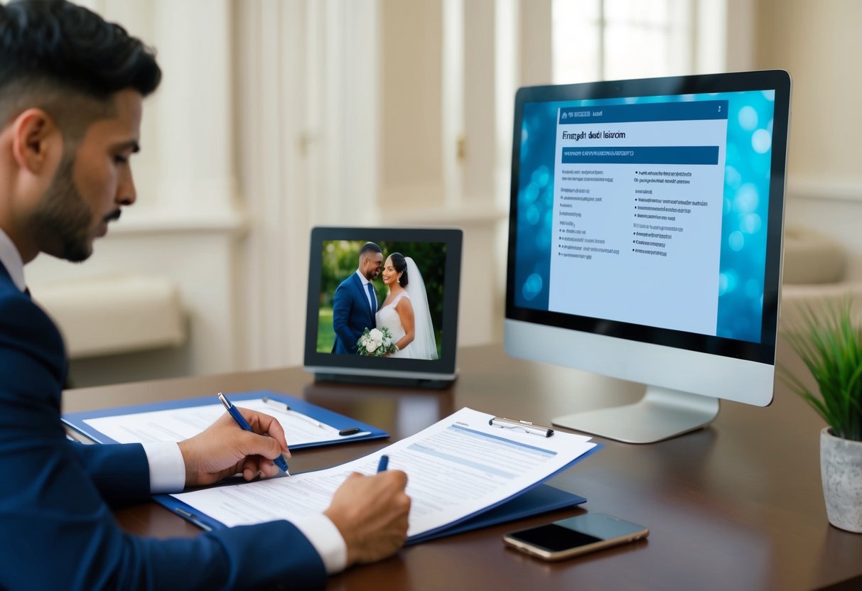 A person filling out paperwork at a desk, with a wedding photo in the background and a computer screen displaying benefit information