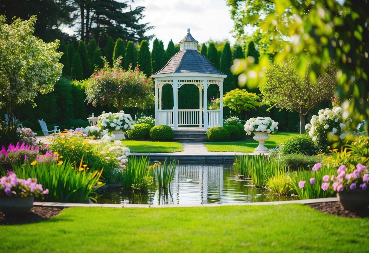 A lush garden with blooming flowers, a charming gazebo, and a serene pond, perfect for a romantic wedding ceremony