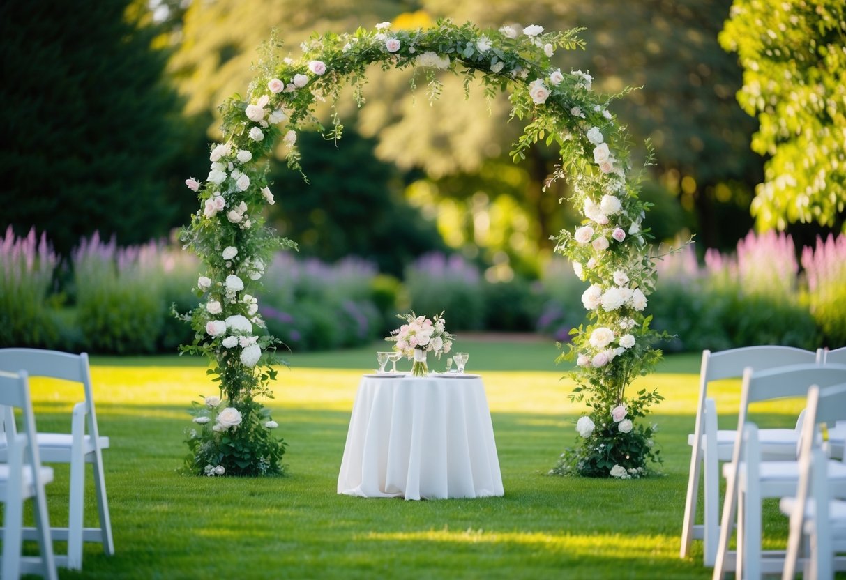 A serene garden with a flower-covered arch and a small table set for a wedding ceremony