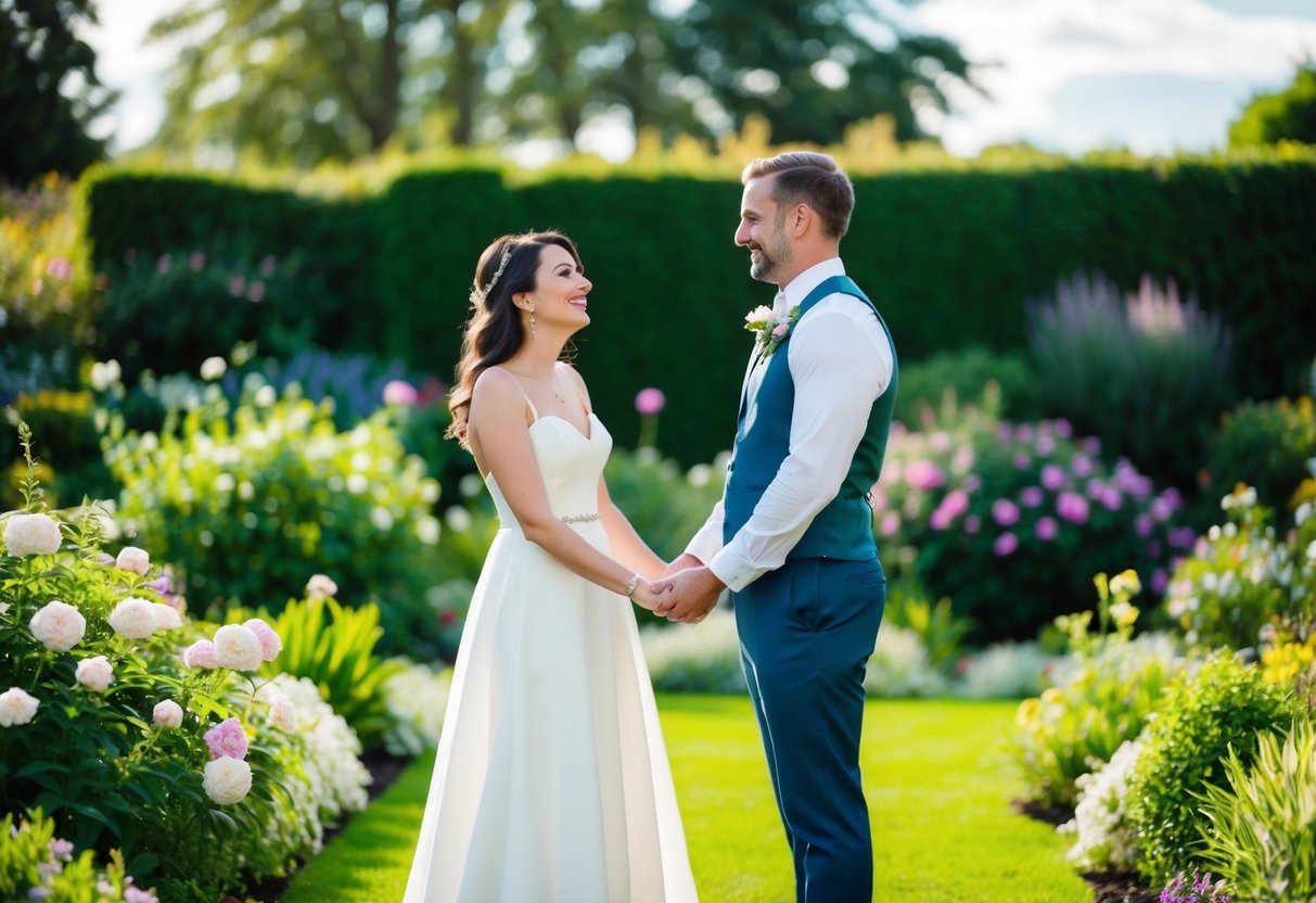 A couple stands in a lush garden, surrounded by blooming flowers and greenery. They are looking at each other, smiling, as they hold hands and discuss their wedding plans