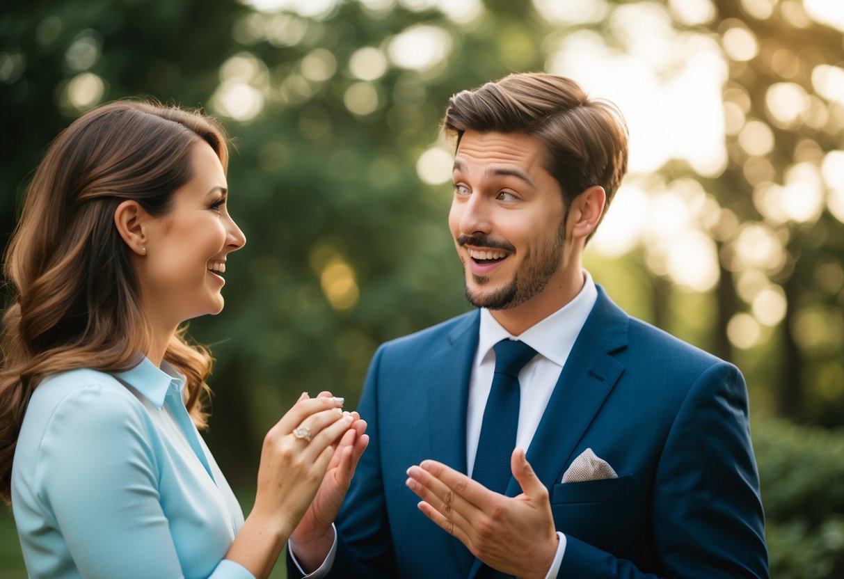 A woman presents a ring to a surprised man, who looks touched and grateful