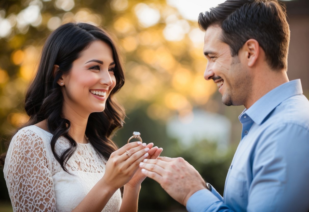 A woman presenting a ring to a man, both smiling