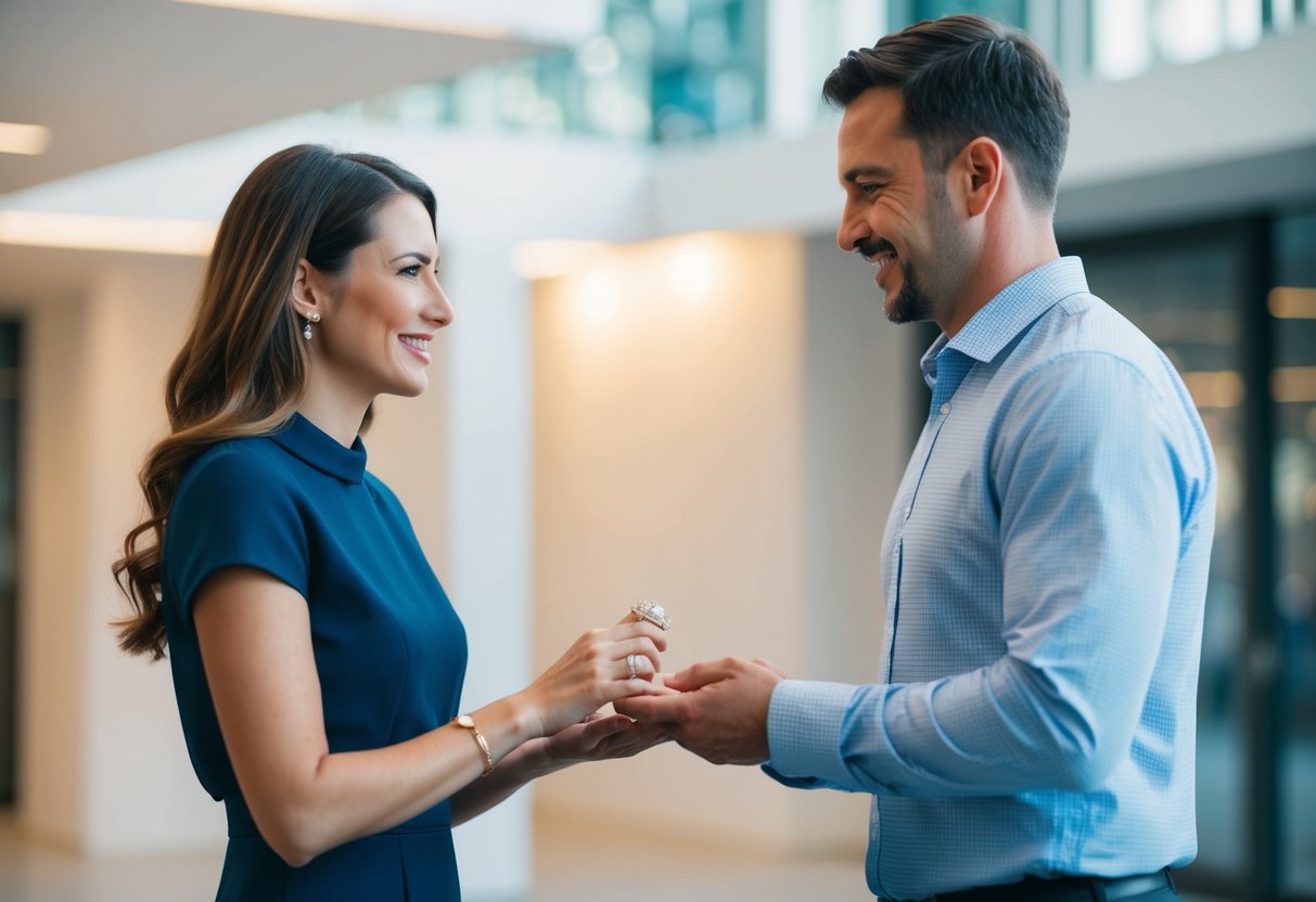 A woman presents a ring to a man, both standing in a modern, gender-neutral environment, with a sense of equality and mutual respect