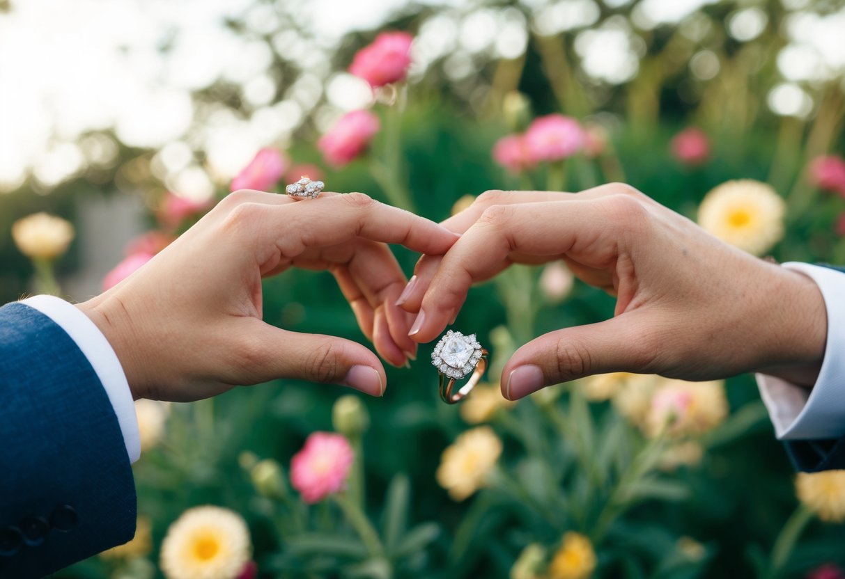 A couple's hands reaching towards each other, each holding a ring, with a background of flowers and greenery