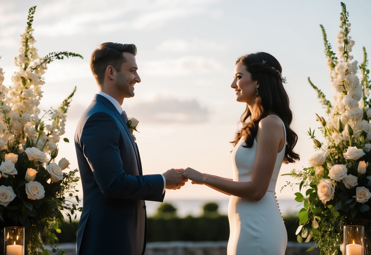 A couple stands facing each other, surrounded by flowers and candles. They hold hands and exchange rings at their vow renewal ceremony