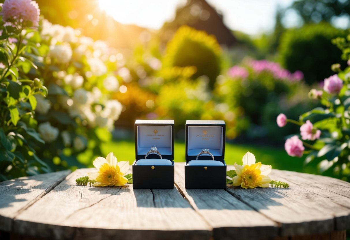 A sunlit garden with two ring boxes on a rustic wooden table, surrounded by blooming flowers and greenery