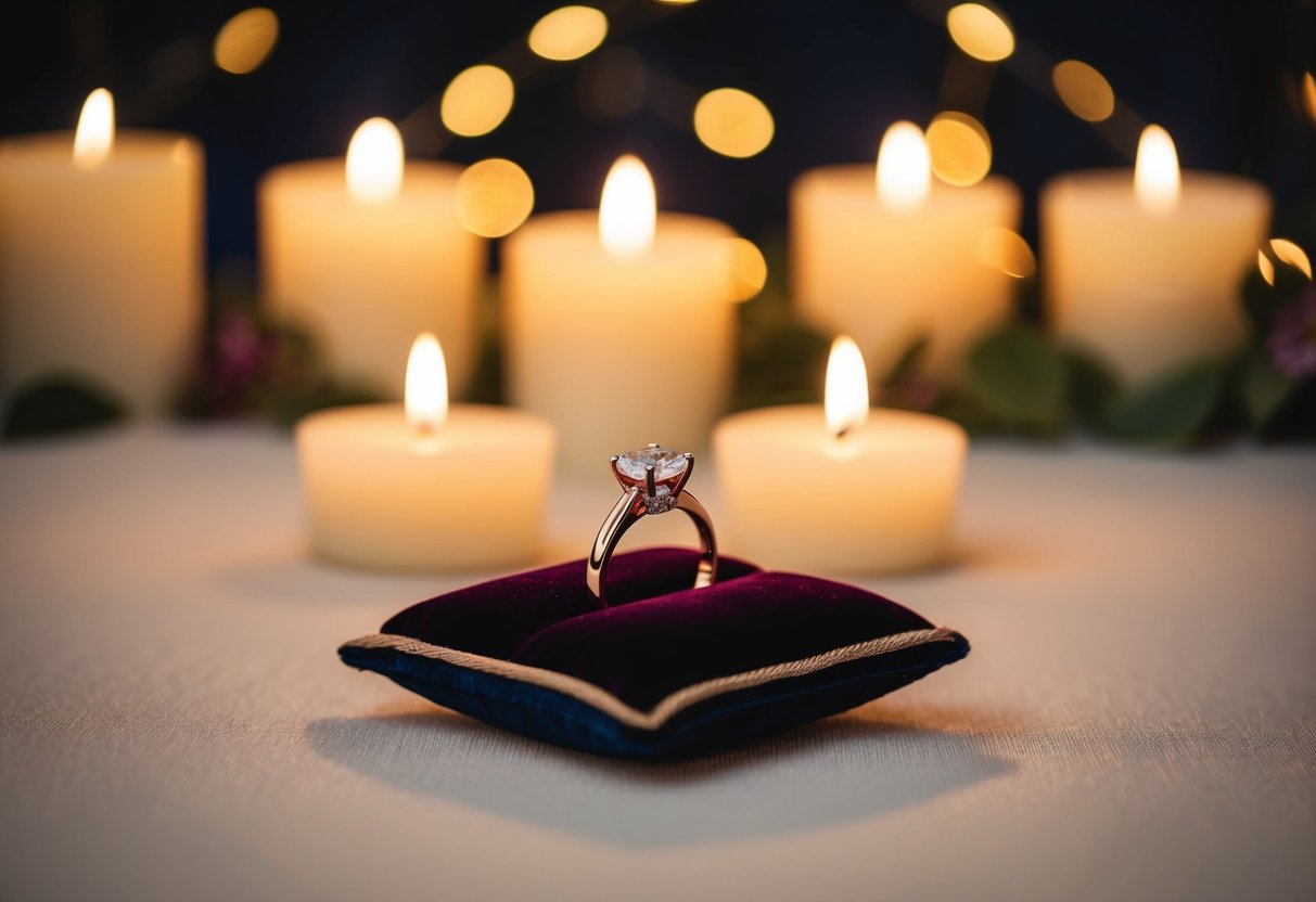 A vow renewal ring rests on a velvet cushion, bathed in soft candlelight