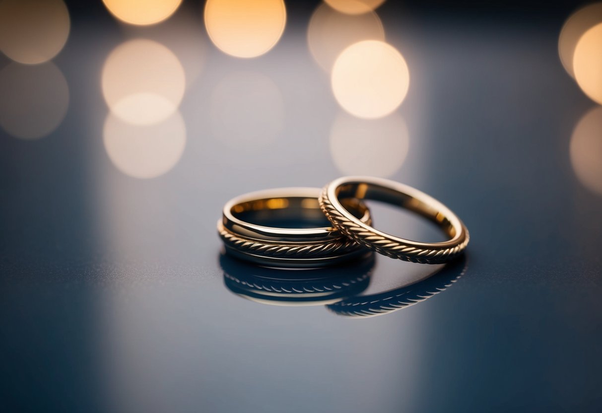 A close-up of two intertwined rings resting on a smooth, reflective surface