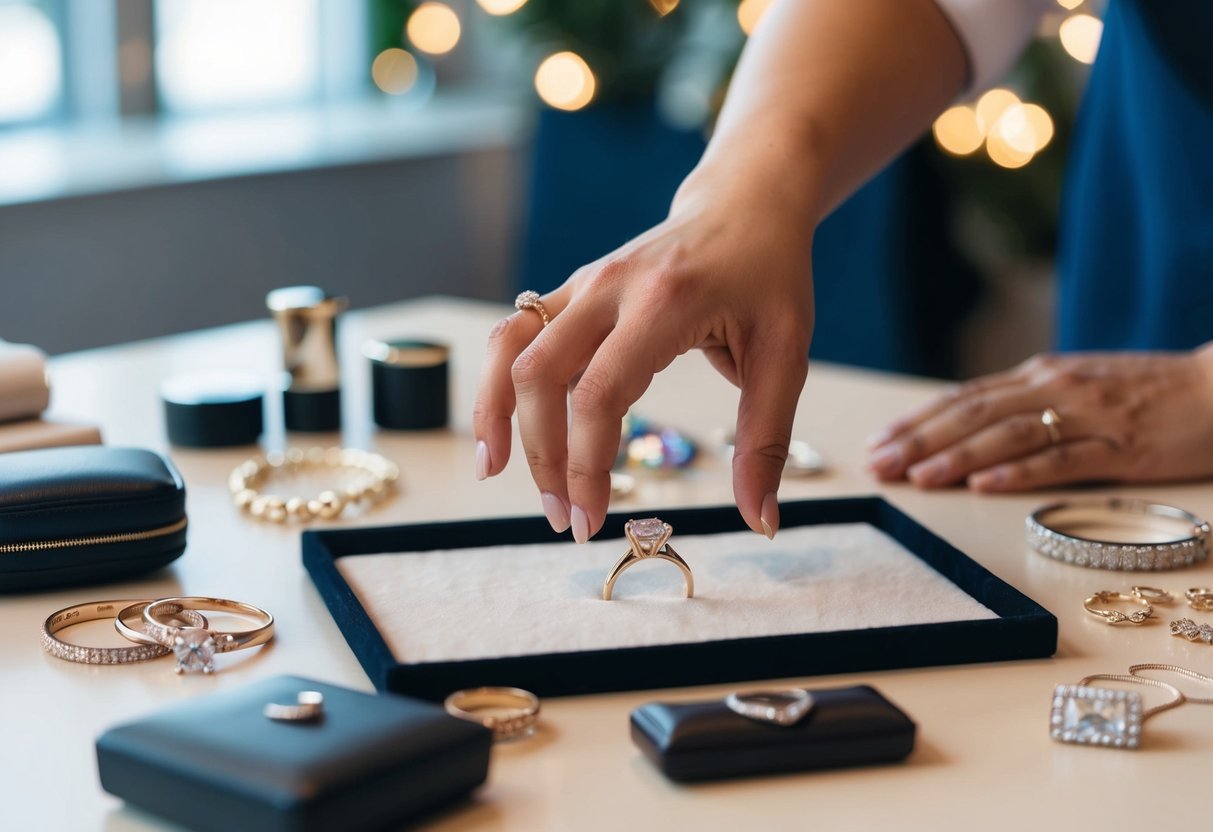 A hand reaching for a ring on a table, surrounded by various other jewelry and accessories
