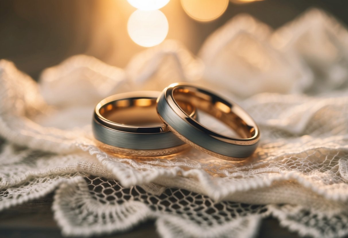 A close-up of two intertwined rings resting on a delicate lace fabric, with soft, warm lighting casting a romantic glow over the scene