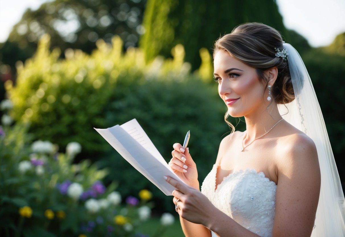 A bride holding a pen and paper, surrounded by a peaceful garden, thoughtful expression on her face