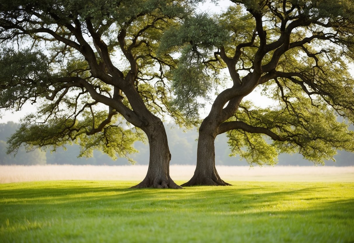 A serene outdoor setting with two intertwining oak trees and a gentle breeze, symbolizing the enduring and unbreakable bond of marriage vows