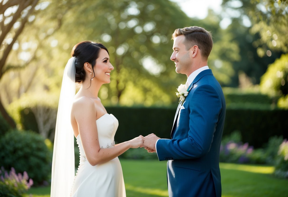 A bride and groom stand facing each other, surrounded by a serene garden with soft sunlight filtering through the trees. The groom looks at his bride with adoration as she speaks her heartfelt vows