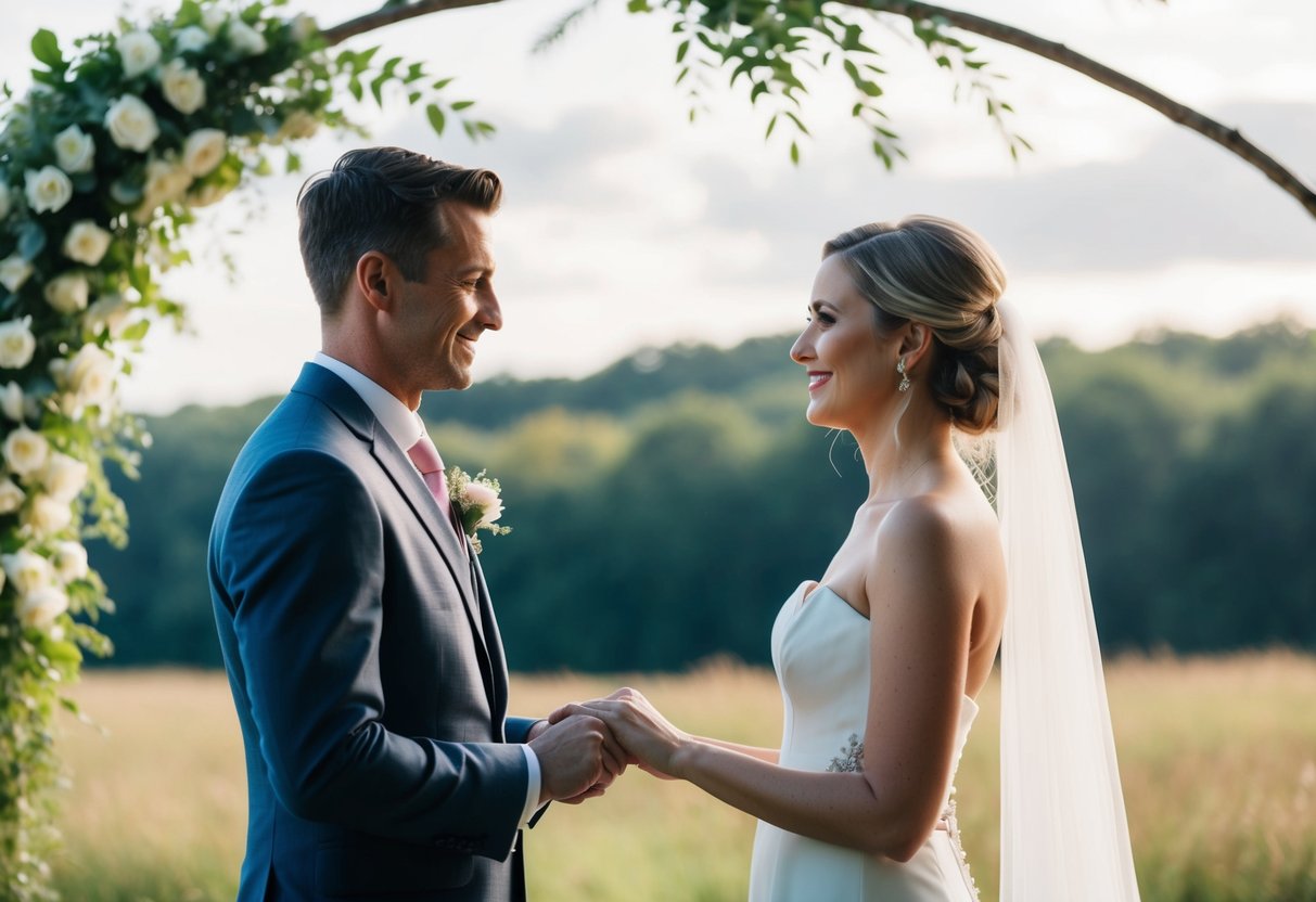 A couple standing together in front of a serene natural backdrop, exchanging heartfelt vows with a sense of love and commitment in the air