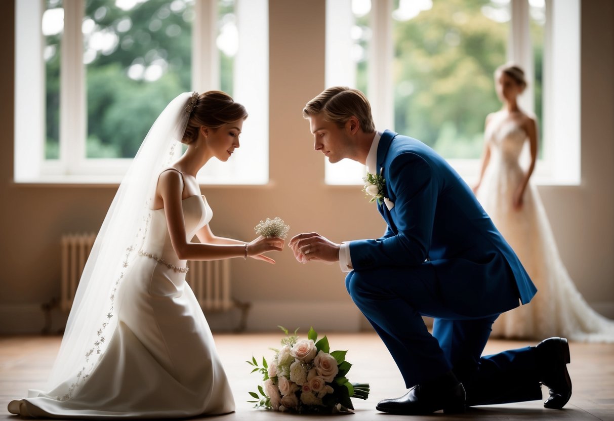 A figure kneeling with flowers and a ring, facing a figure in a wedding dress