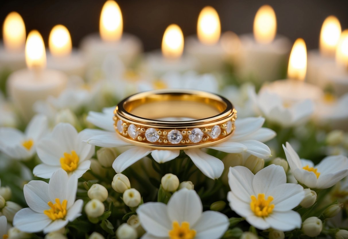 A golden ring resting on a bed of delicate white flowers, surrounded by flickering candlelight