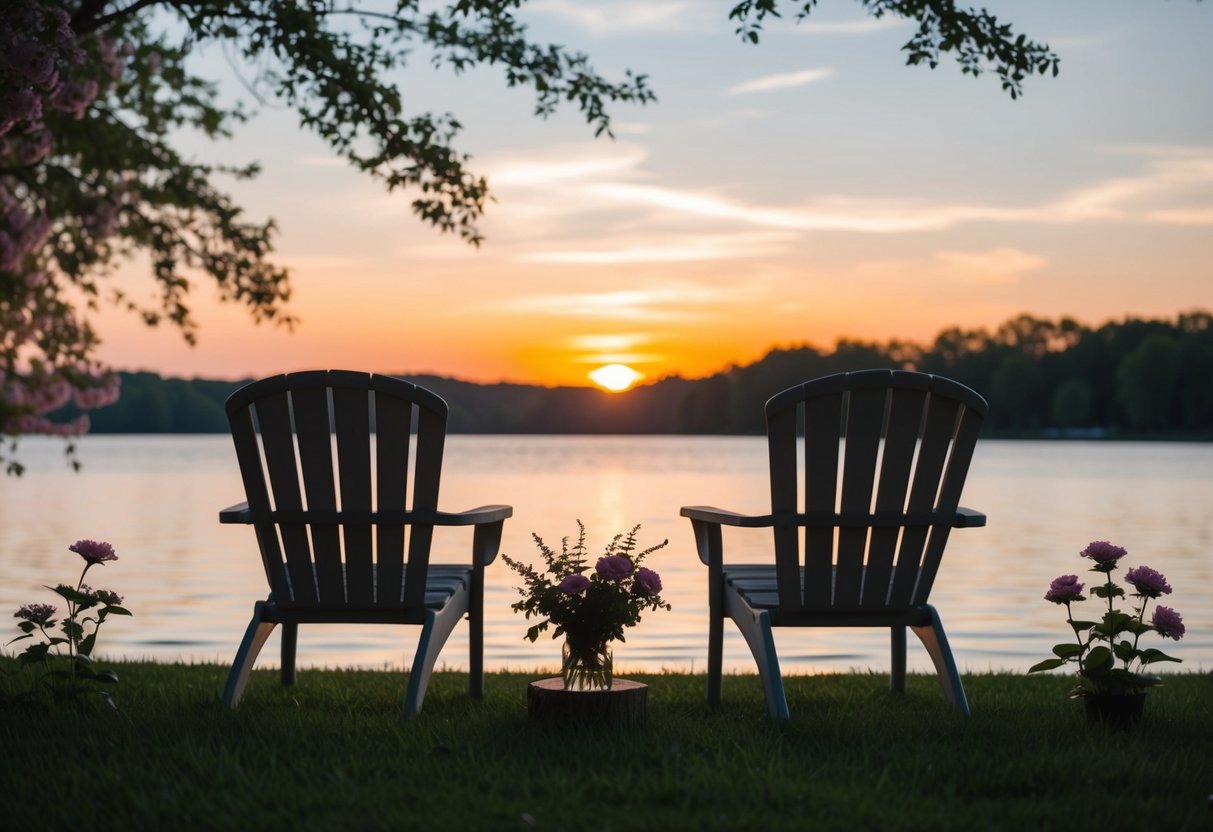 A serene lakeside setting with two chairs facing each other, surrounded by blooming flowers and a picturesque sunset in the background