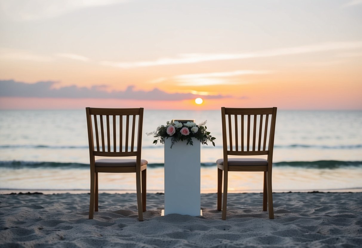 A serene beach at sunset, with two empty chairs facing each other and a simple altar adorned with flowers, symbolizing a vow renewal ceremony