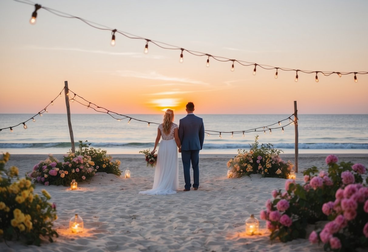 A couple stands on a sandy beach, gazing at the sunset over the ocean, surrounded by blooming flowers and twinkling fairy lights