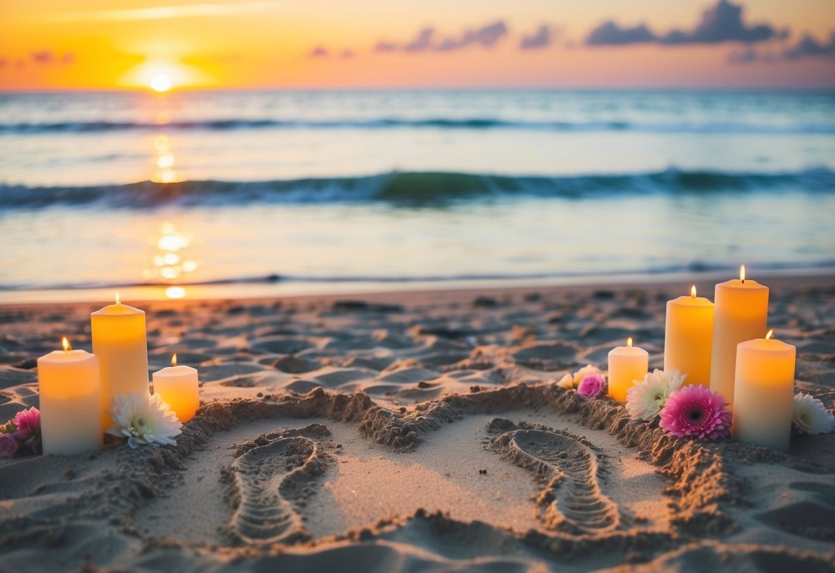 A beach at sunset, with two sets of footprints leading to a heart drawn in the sand, surrounded by candles and flowers