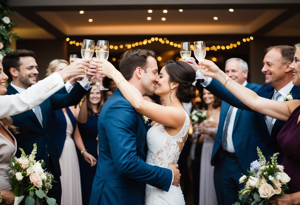 A couple embraces surrounded by friends and family, raising glasses in a toast. Flowers and decorations adorn the space, creating a joyful and celebratory atmosphere